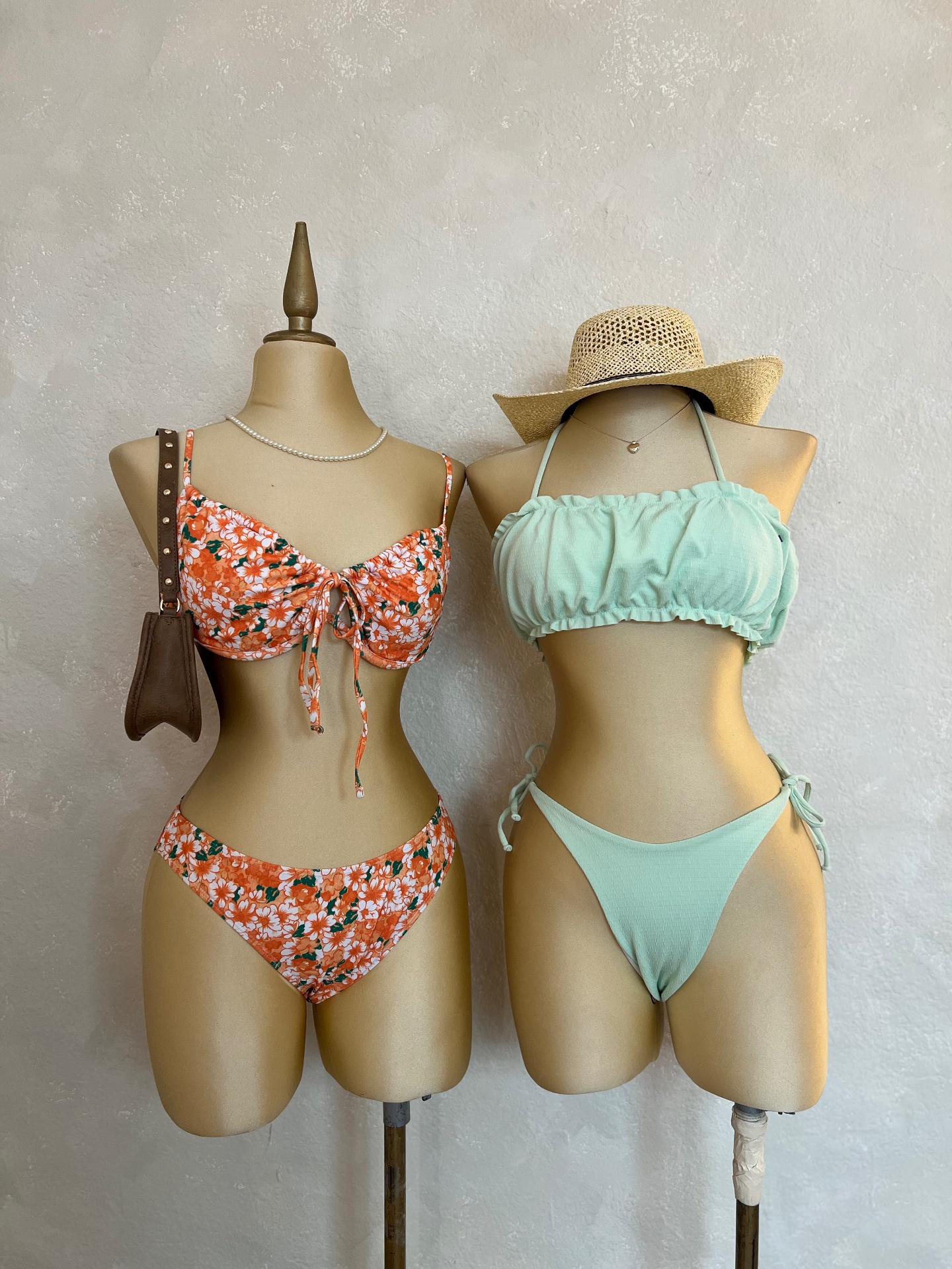 Bikinis Floral Naranja + Verde Menta